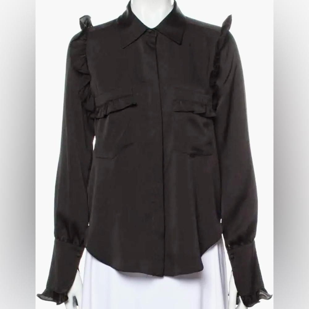 NWT MISA LOS ANGELES BLACK RUFFLE SILK BUTTON UP